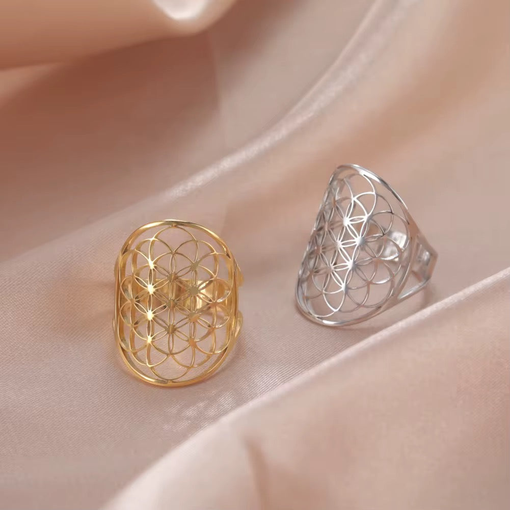 Gold Plated Stainless Steel Ring Unisex - Viking Flower