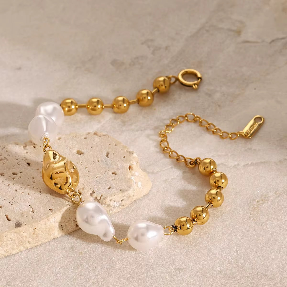 Gold Plated Stainless Steel Bracelet - Glass Pearl