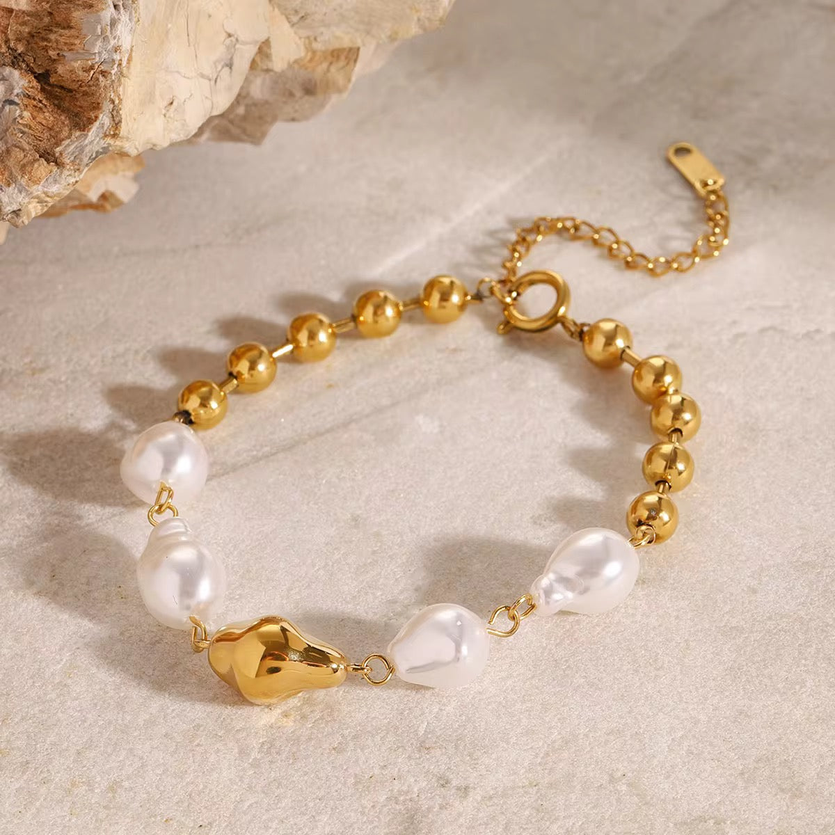 Gold Plated Stainless Steel Bracelet - Glass Pearl