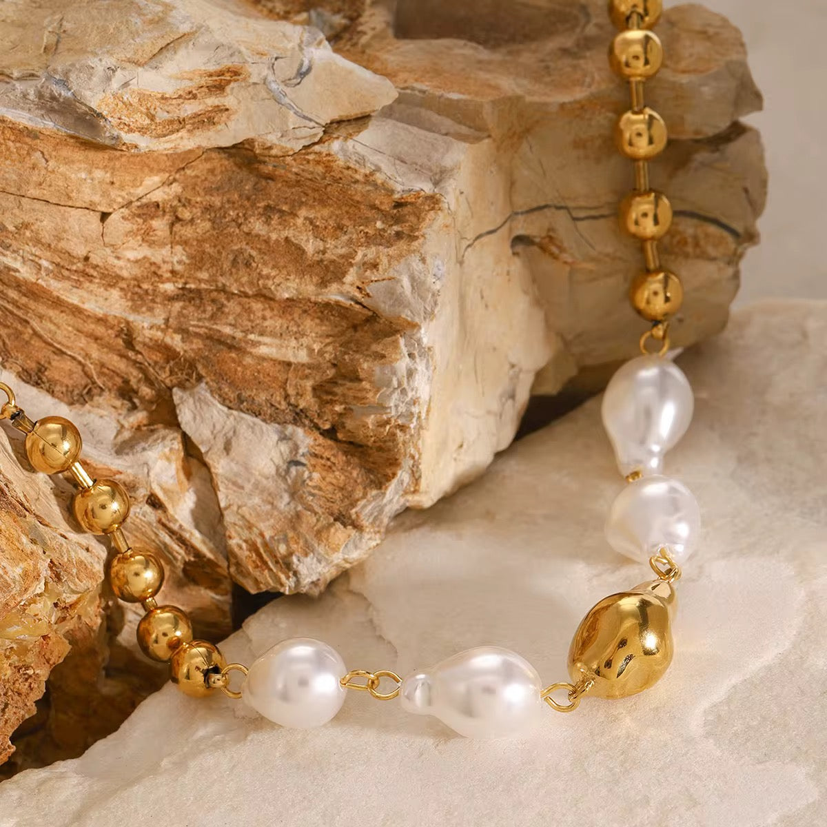 Gold Plated Stainless Steel Bracelet - Glass Pearl