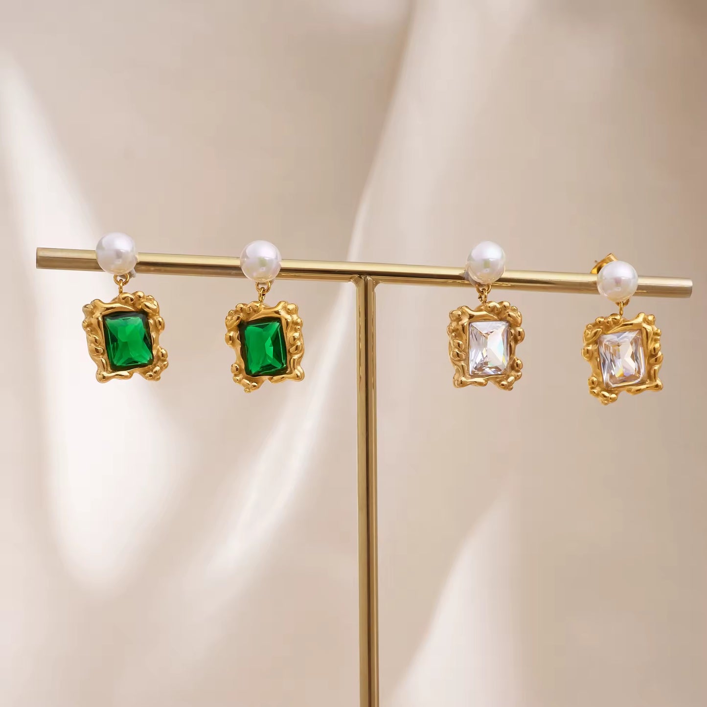 Gold Plated Stainless Steel Earrings - Pearl Green