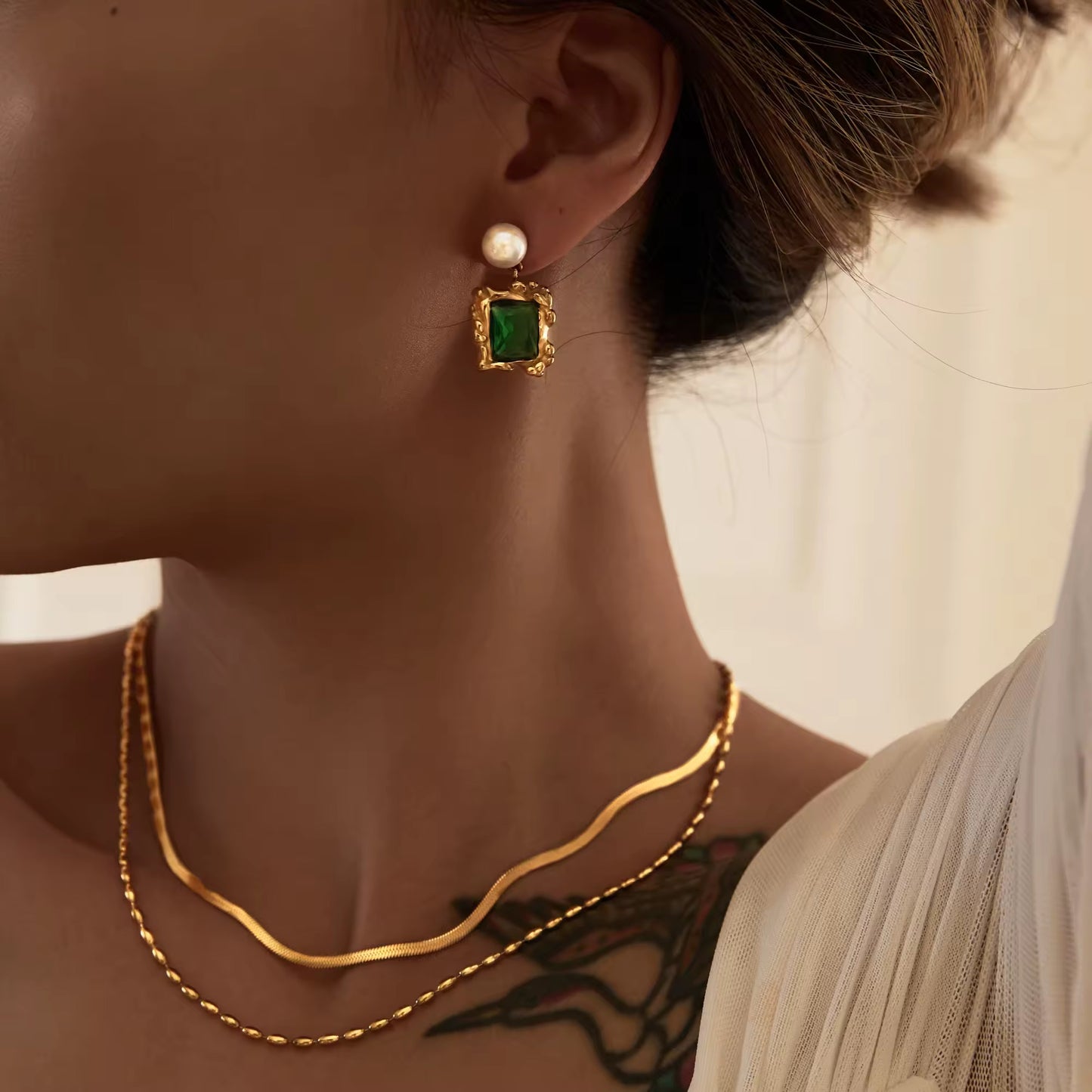 Gold Plated Stainless Steel Earrings - Pearl Green