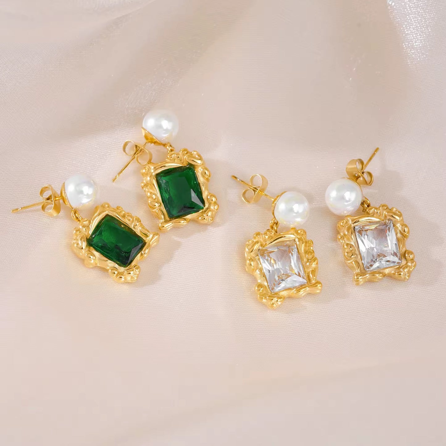 Gold Plated Stainless Steel Earrings - Pearl Green