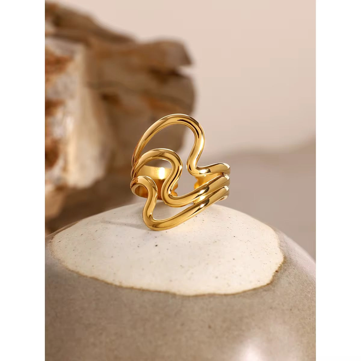 Stainless Steel Gold Plated Ring - Wavy Hollow