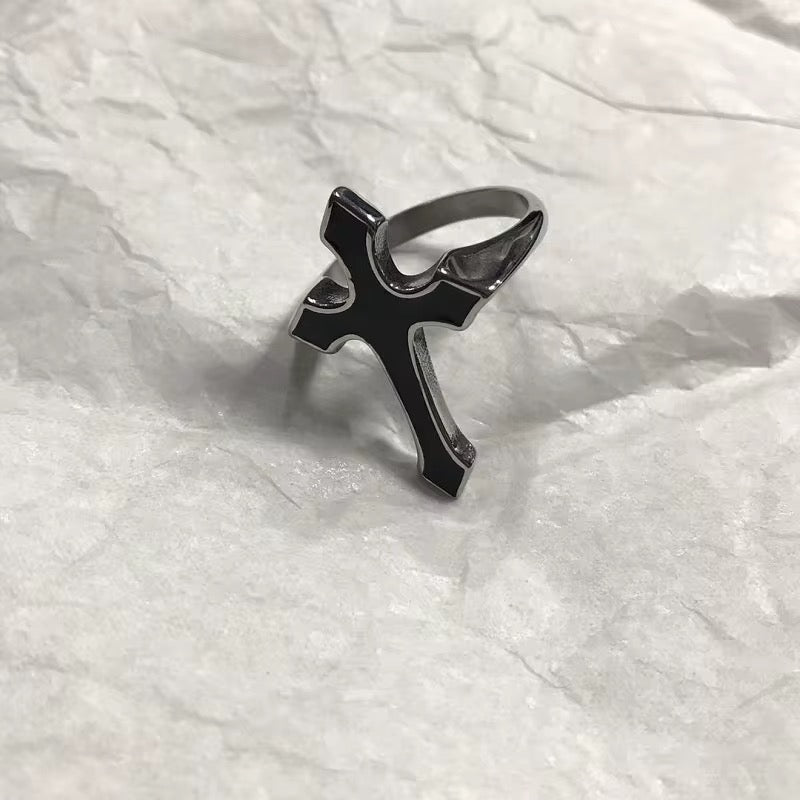 Silver Plated Stainless Steel Ring Unisex - Cross