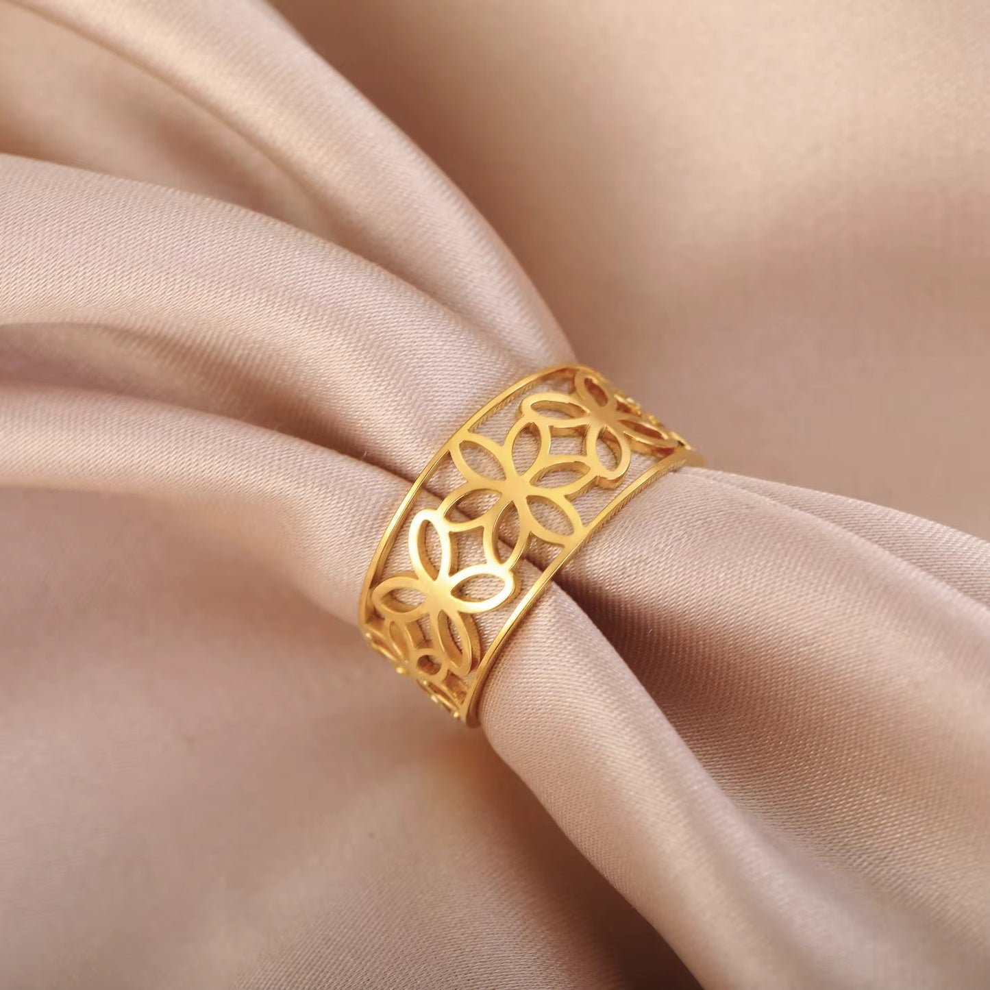 Gold Plated Stainless Steel Ring - Hollow Flower