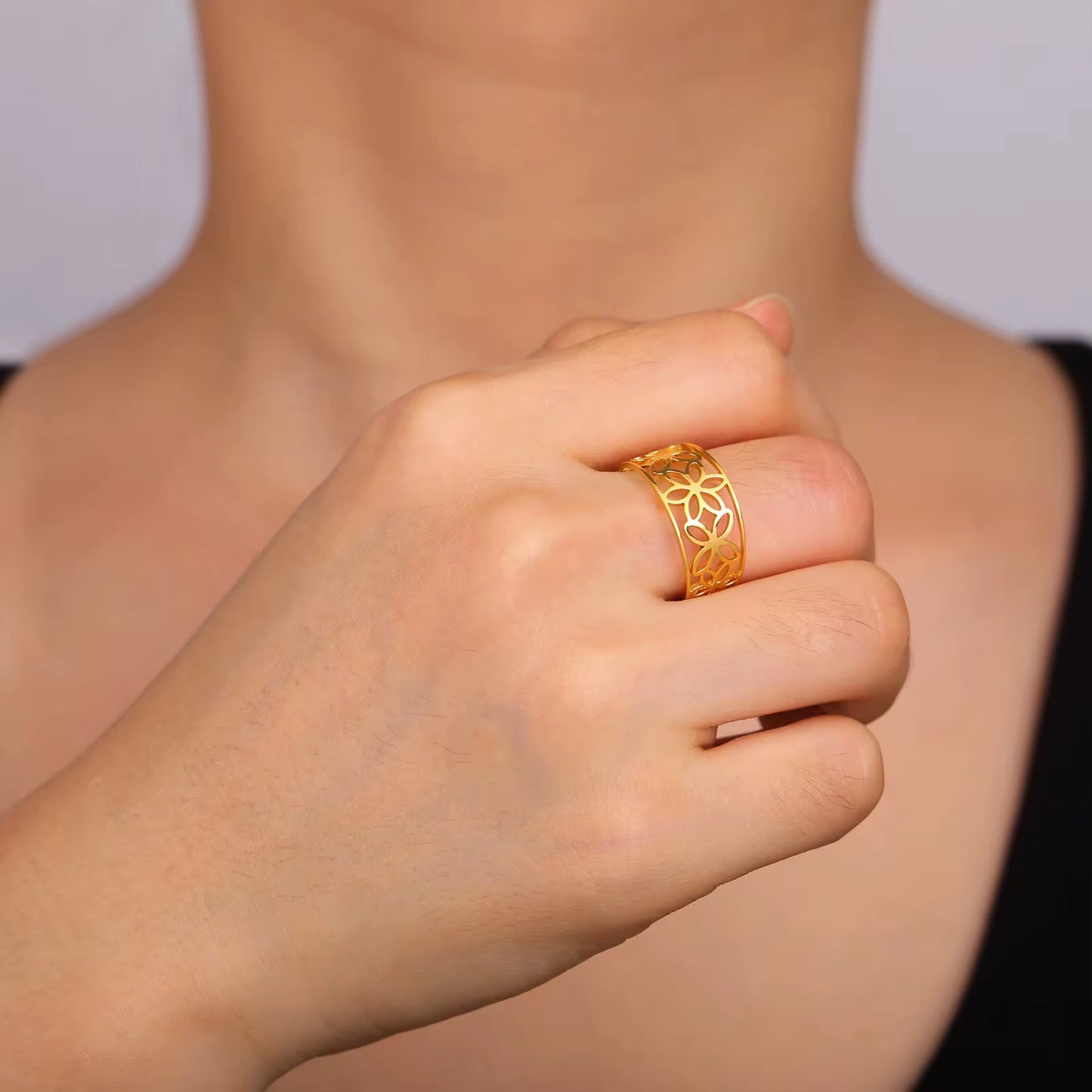 Gold Plated Stainless Steel Ring - Hollow Flower