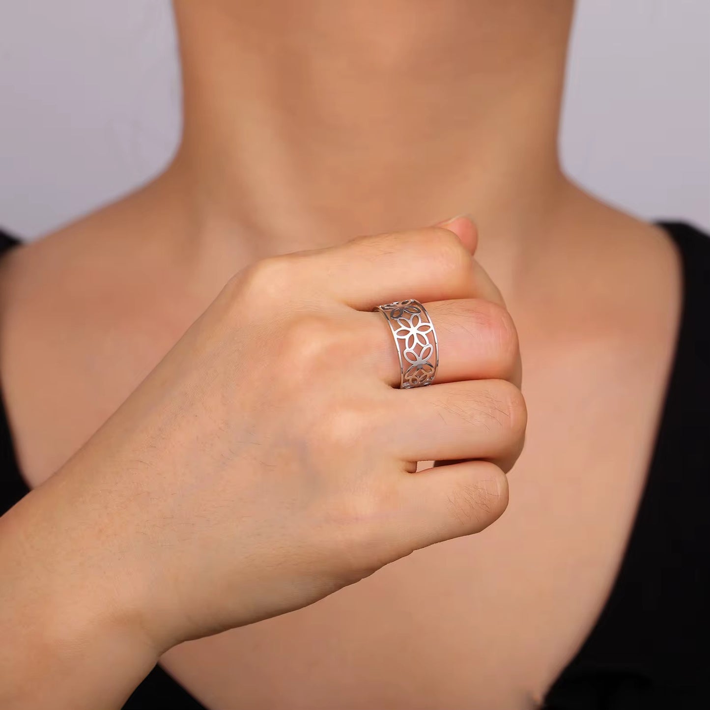 Gold Plated Stainless Steel Ring - Hollow Flower