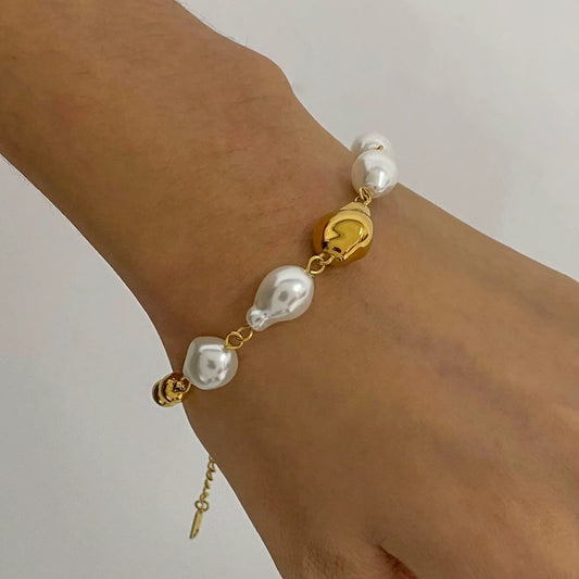 Gold Plated Stainless Steel Bracelet - Glass Pearl