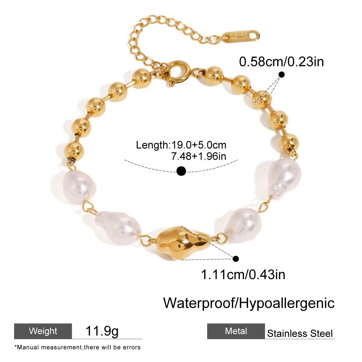 Gold Plated Stainless Steel Bracelet - Glass Pearl