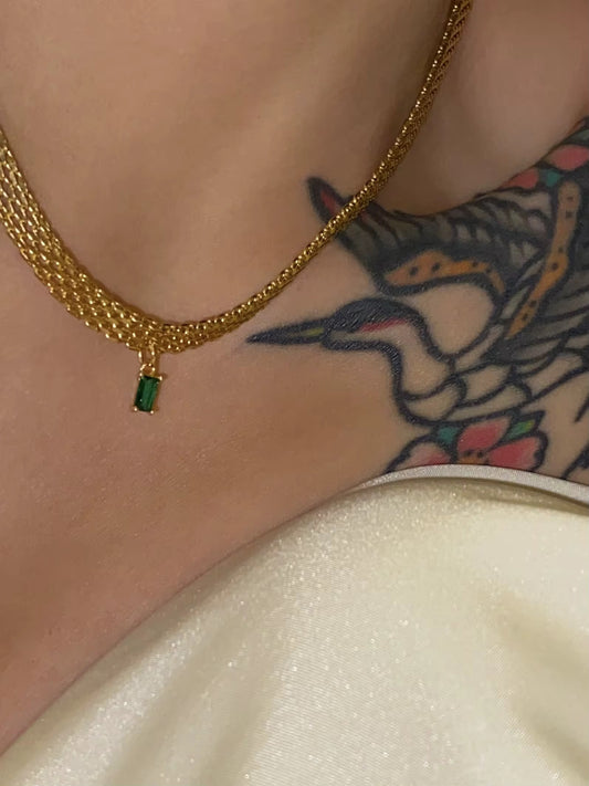 Gold Plated Stainless Steel Necklace - Green Zircon