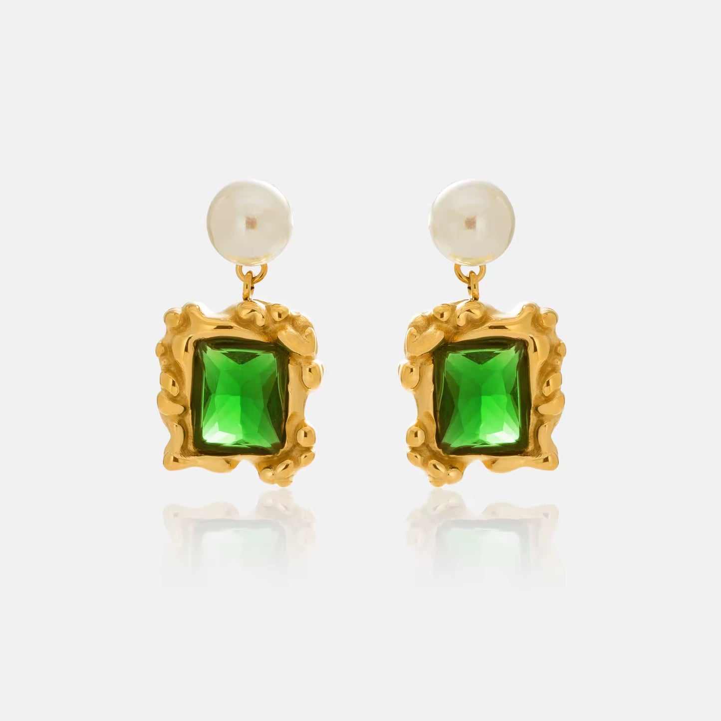 Gold Plated Stainless Steel Earrings - Pearl Green