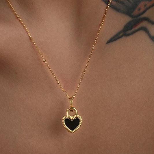 Gold Plated Stainless Steel Necklace - Black Love Lock