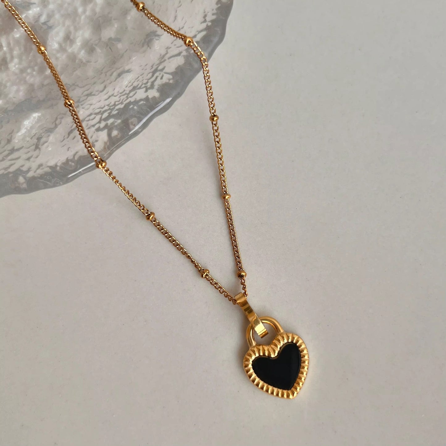 Gold Plated Stainless Steel Necklace - Black Love Lock