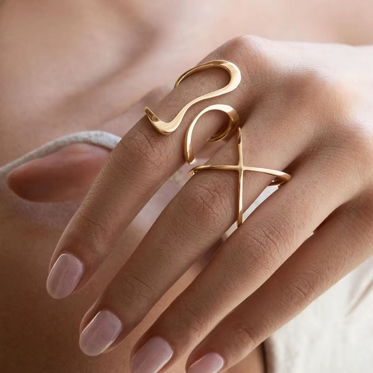 Gold Plated Stainless Steel Ring - Cross Flow