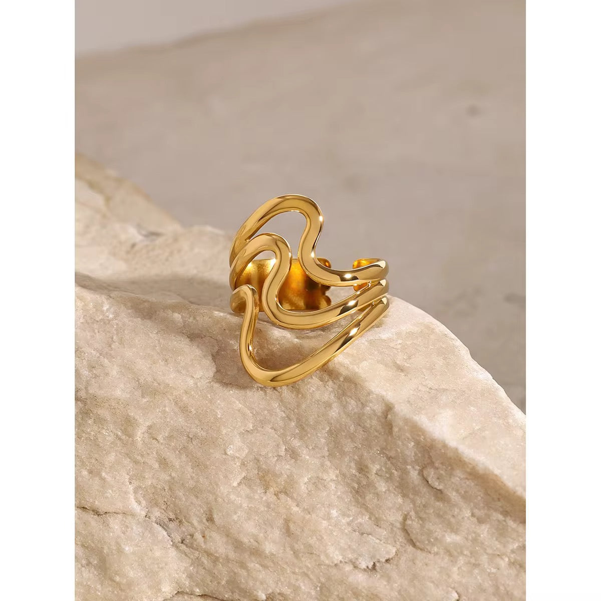 Stainless Steel Gold Plated Ring - Wavy Hollow