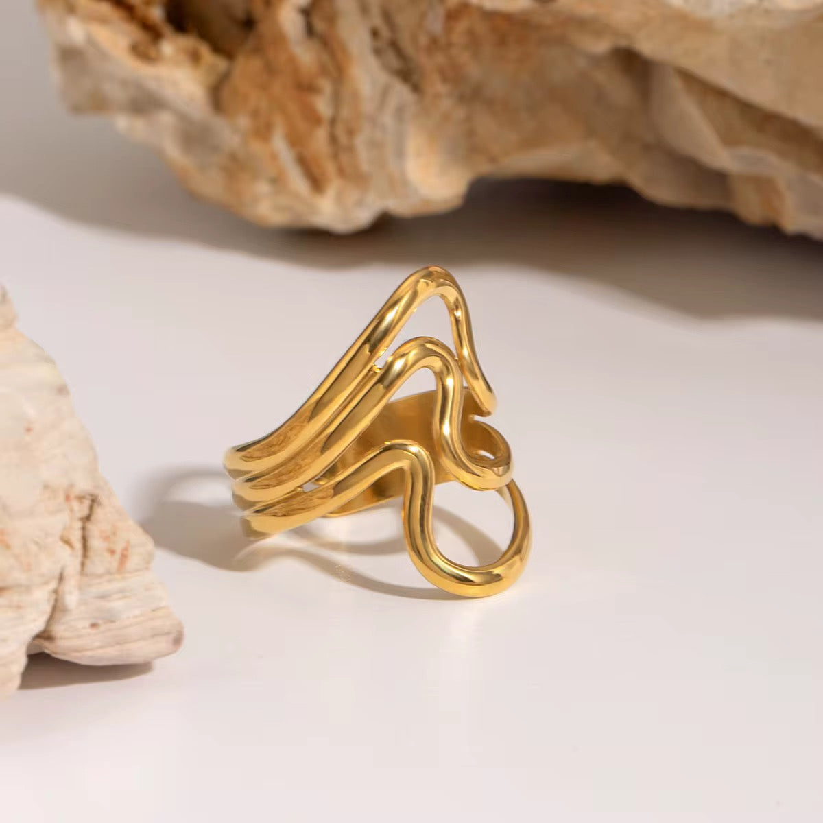 Stainless Steel Gold Plated Ring - Wavy Hollow