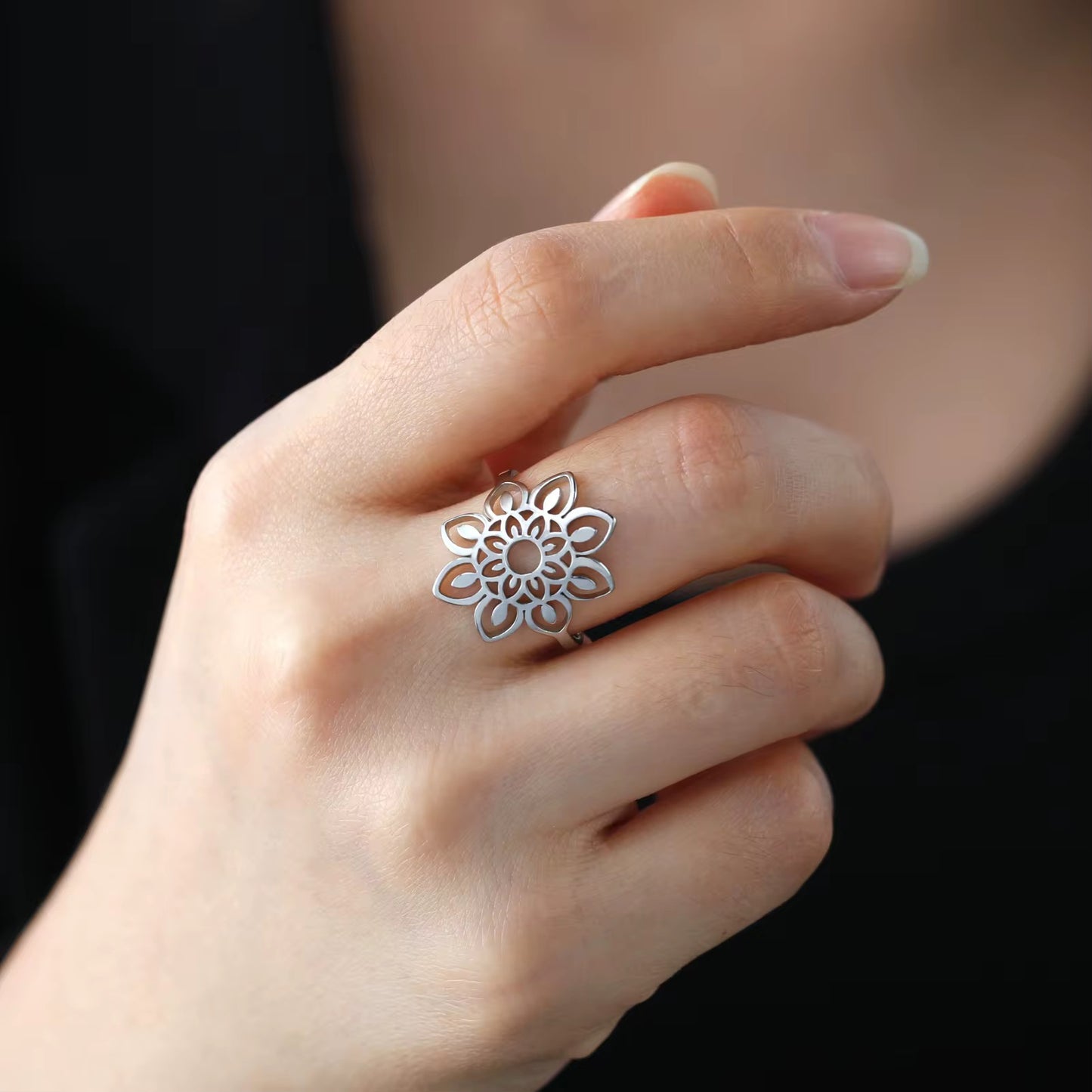 Gold Plated Stainless Steel Ring - Filigree Sunflower