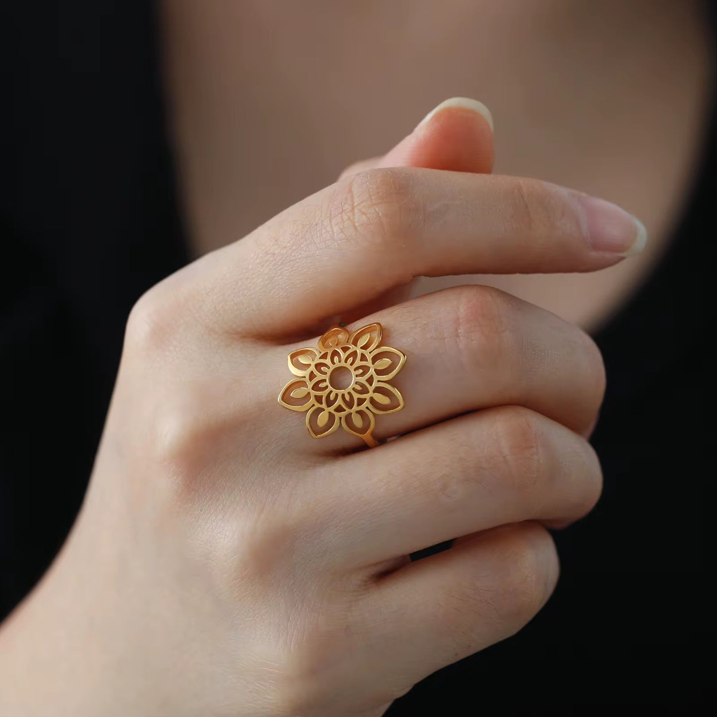 Gold Plated Stainless Steel Ring - Filigree Sunflower