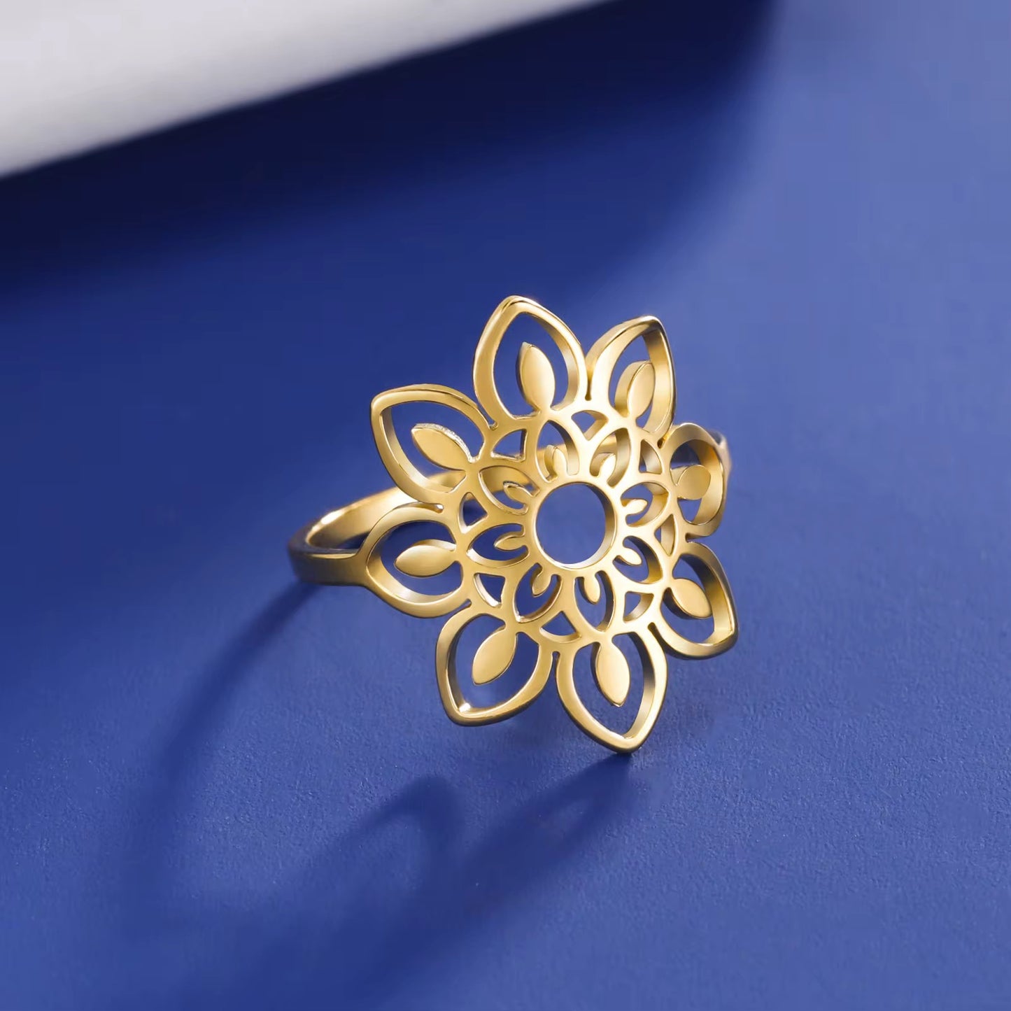 Gold Plated Stainless Steel Ring - Filigree Sunflower