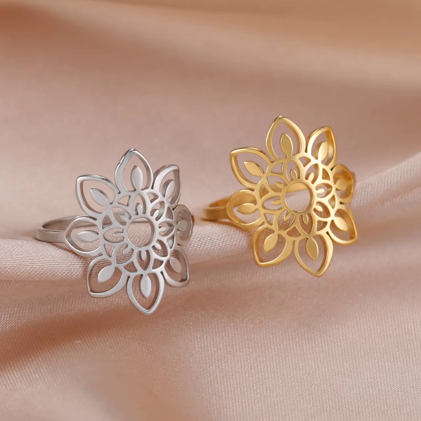 Gold Plated Stainless Steel Ring - Filigree Sunflower