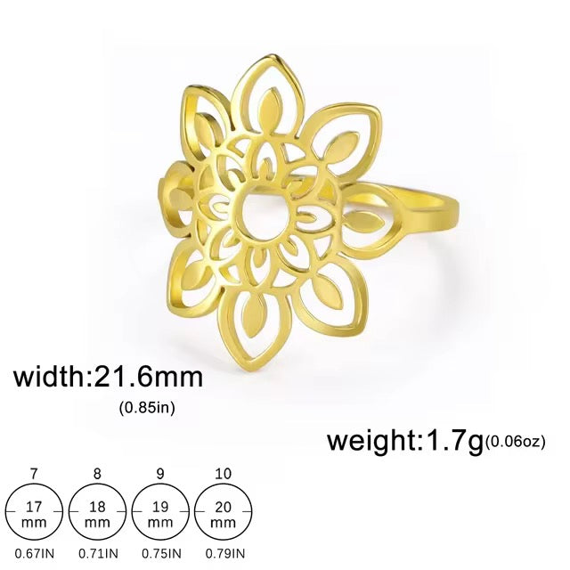 Gold Plated Stainless Steel Ring - Filigree Sunflower